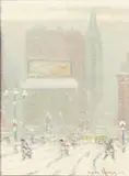 Snow Storm in NY Looking North Toward the Empire State Building by Johann Berthelsen, Oil on Canvas Board, sold Oct 2023