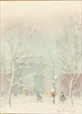 Washington Square Snow Scene by Johann Berthelsen, Oil on Canvasboard, sold Oct 2023