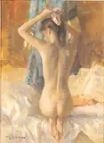 Kneeling Nude Woman with Hair Ribbon by Joe Bowler, Oil on Canvas, sold Oct 2023