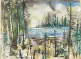 Landscape with Trees and Lake by Ben Shute, Watercolor and Gouache, sold Oct 2023