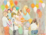 Children with Balloons by Eleanor Maurice, Oil on Board, sold Oct 2023