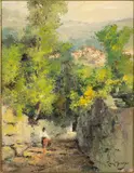 Road with Figure and Village by Francisco Rosa Mendes, Oil on Canvas, sold Jun 2023