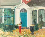 Figure in Front of a House by Robyn Hagin, Oil on Board, sold Jun 2023