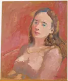 Alice, Portrait of a Woman in Pink by Myrtle Jones, Oil on Board, sold Jun 2023