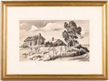 House on a Hill by Reuben Gambrell, 1945, Watercolor en Grisaille, sold Jun 2023