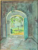 Courtyard, Probably St. Augustine, FL by Emmett Fritz, Oil on Board, sold Jun 2023