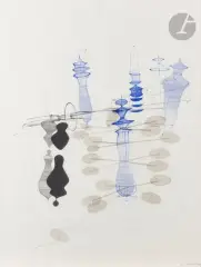 Objet de silence (tonalité bleue) by Bernard Moninot, 2009, Sérigraphie et collage de fils dorés et pastilles transparentes, sold Oct 2026