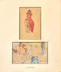 Deux études annotées sous un même encadrement, l'éléphant et Jeunes femmes au bain (Gange - Inde ?) peut être projet de décors ou illustration by Paul-Albert Besnard, Aquarelle sur trait de crayon, sold Jun 2026