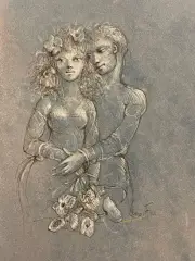 Le couple amoureux by Léonor Fini, Plume, encre de chine, rehauts de gouache blanche sur papier bleu Signé en bas à droite, sold Jun 2026