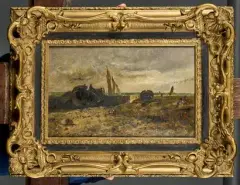 Bateaux sur la plage by Léon Richet, Panneau Signé en bas à gauche Leon, sold Sep 2026