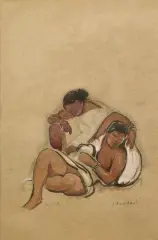Prix d'Indochine en 1924. Deux femmes laotiennes, l'une tenant un bébé dans ses bras by Jean Bouchaud, 1925, Crayon, aquarelle et rehauts de gouache sur papier encadrée, sold Sep 2026