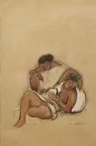 Prix d'Indochine en 1924. Deux femmes laotiennes, l'une tenant un bébé dans ses bras by Jean Bouchaud, 1925, Crayon, aquarelle et rehauts de gouache sur papier encadrée, sold Sep 2026
