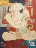 Diplômé de l'Université des Beaux-Arts en 1993. Joueur de luth by Trinh Quoc Chien, Panneau en bois laqué polychrome et or, avec incrustations de coquille d'œuf, sold Sep 2026