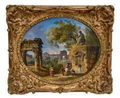 Cavalier et lavandière près d'une fontaine by Hubert Robert, Toile ovale, sold Jun 2026