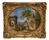 Cavalier et lavandière près d'une fontaine by Hubert Robert, Toile ovale, sold Jun 2026