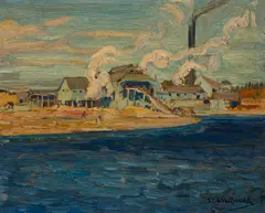 Gull River Mill, Coboconk by J. E. H. MacDonald, 1922, oil on paperboard, sold May 2026