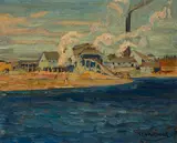 Gull River Mill, Coboconk by J. E. H. MacDonald, 1922, oil on paperboard, sold May 2026