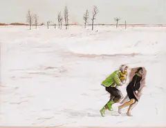 Flight in Winter by William Kurelek, 1963, mixed media on paper board, sold May 2026