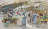 Marketplace, Moret-sur-Loing by Laura Adelaine Muntz Lyall, watercolour on paper, sold May 2026