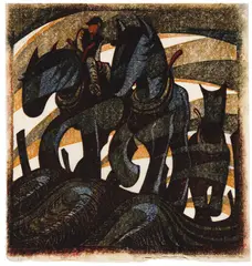 Day’s End by Sybil Andrews, linocut in 5 colours, sold May 2026