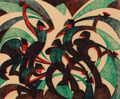Sledgehammers by Sybil Andrews, linocut in 3 colours, sold May 2026