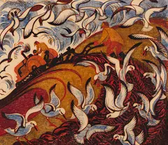 Wings by Sybil Andrews, linocut in 4 colours, sold May 2026