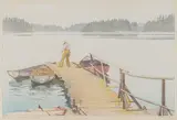 Sharp's Dock, Pender Harbour, BC by Walter J. Phillips, colour woodcut on paper, sold May 2026