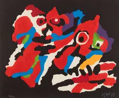Couple in the Night by Karel Appel, 1977, woodcut in colours with carborundum on wove paper, sold Apr 2026
