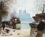 Bouquinistes, Notre-Dame by Jules Rene Herve, oil on canvas, sold Apr 2026
