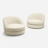 Giant Swivel Tub chairs model 956-103, pair by Milo Baughman, 1965, upholstery, lacquered wood, sold Jun 2023