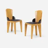 Chairs for Disney Corporation, pair by Michael Graves, 1990, bird's-eye maple, lacquered wood, leather, sold May 2023