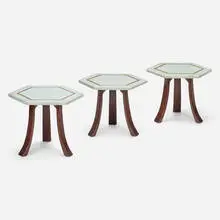 Occasional tables, set of three by Harvey Probber, c. 1960, terrazzo, mahogany, brass, sold May 2023