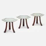 Occasional tables, set of three by Harvey Probber, c. 1960, terrazzo, mahogany, brass, sold May 2023