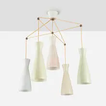 Chandelier by Modern, c. 1950, frosted glass, brass, plastic, sold May 2023