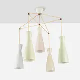 Chandelier by Modern, c. 1950, frosted glass, brass, plastic, sold May 2023