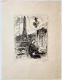Titled "Painter at the Eiffel Tower," by Marc Chagall, 1979, Lithograph in color print on Japon nacre paper. Pencil, offered Jun 2022