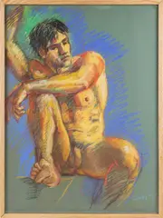 Seated Figure II (Bertrand) by Richard Taddei, 1995, Pastel on green paper, offered Jul 2024