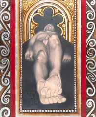 Untitled by Sonia Melara, Mixed media including black pencil, oil and gold leaf on board. 2004, offered Jul 2024