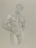 Figure Looking Right by Robert J. Hughes, Graphite and white chalk on midtone paper, offered Jul 2024
