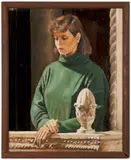 Woman on Balcony.' 1989. Signed and dated bottom right by Sarah A. Higgins, Oil on shaped panel, offered Jan 2024