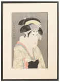 Actor Segawa Kikunojo III as Oshizu, wife of Tanabe Bunzo'. Possibly from Adachi Institute of by Tōshūsai Sharaku, Woodcut Prints. Japanese woodblock print. Seal upper left, offered Jan 2024