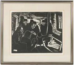 Gathering Around the Stove.' by Jacob Steinhardt, Woodcut print, offered Jan 2024