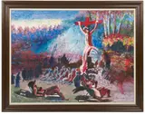 Women Sunbathing with Crucifixion.' by Outsider Folk Art, Oil on board, offered Jan 2024