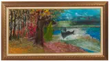 Figures in water, man on boat with dog.' by Outsider Folk Art, Oil on board, offered Jan 2024