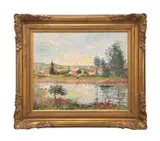 Untitled (Impressionist Landscape on the Water) by Margaret Kutner, circa 1990s, oil on canvas, sold Apr 2024