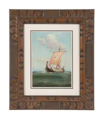 Viking Ship at Sail by Warren Sheppard, oil on canvas mounted on board, sold Apr 2024