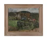 Untitled (Village Scene) by Elof Wedin, oil on canvas, sold Apr 2024