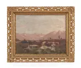 Untitled - Pastoral Scene Against Mountains - 1891 by Henry Hulsmann, oil on canvas, sold Apr 2024