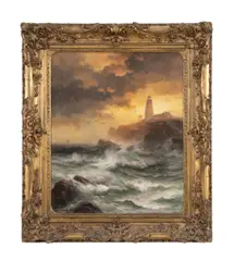 Cape Elizabeth Light by Edward Moran, circa 1880, oil on canvas, sold Apr 2024