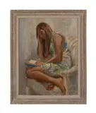 Untitled (Young Woman Reading) by Geoffrey Traunter, oil on masonite, sold Apr 2024